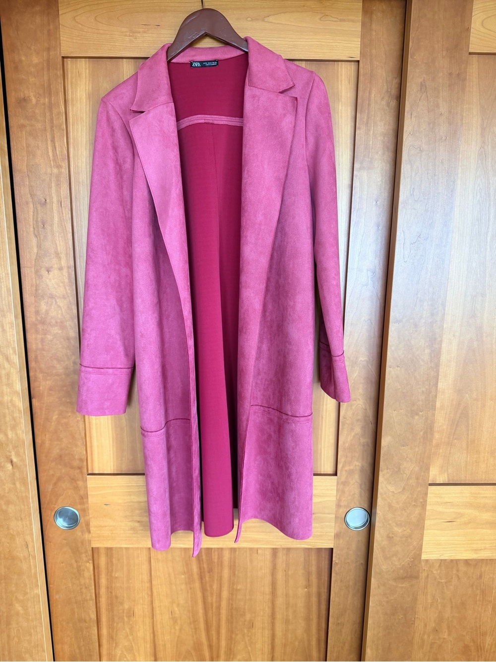 Zara Open-Front Suede-Effect Pink Trench Coat